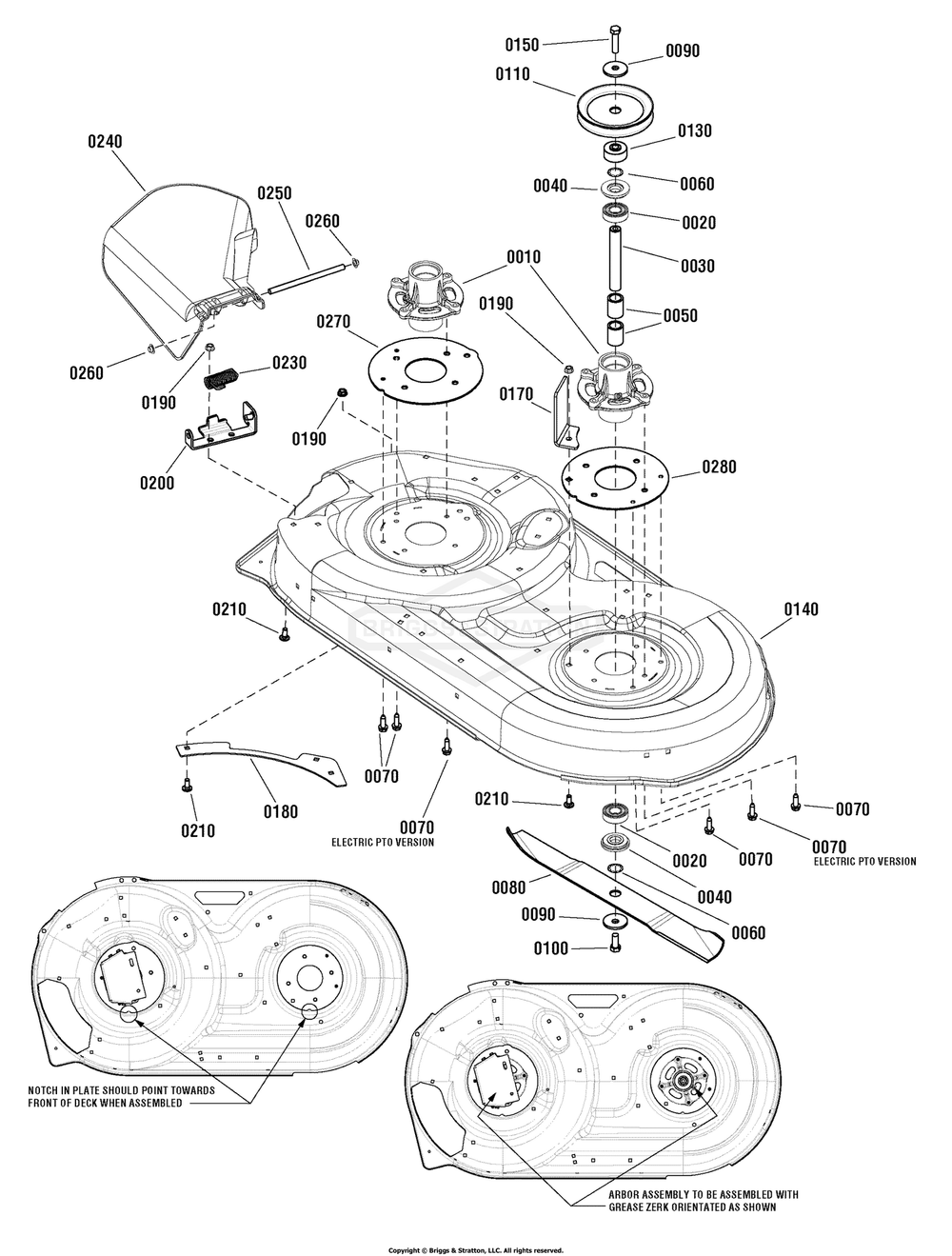 42-Inch Mower Deck - Housing, Arbors And Blades Diagram and Parts List for 2691085-00 (107250040)(2012) Briggs and Stratton Lawn Tractor
